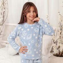 Children's Plush Teddy Pajamas For Winter, Cold Weather, Closed, Blue Planet - 淺藍色 - 查看 1