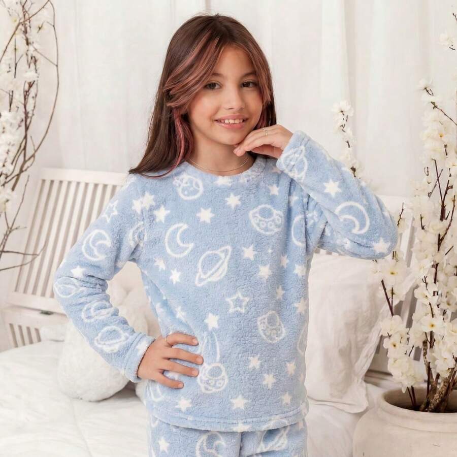 Children's Plush Teddy Pajamas For Winter, Cold Weather, Closed, Blue Planet - 淺藍色 - 查看 1