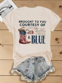 Women's Red White & Blue American Flag Cowboy Boots Western Letter Double‑Sided Print T‑Shirt,180G Casual Summer Tops,Summer Outfit,4th Of July Outfit - 杏色5 - 查看 3