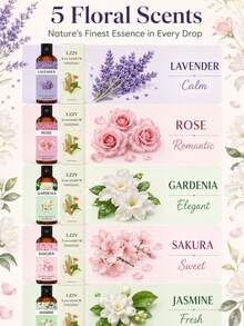 LZJV 5瓶100毫升花香精油套装，薰衣草、玫瑰、樱花、茉莉，天然香氛精油，适用于护肤、护发、DIY香氛、家居及车载空气清新剂，舒缓身心。 - 多樣化香型 - 查看 7