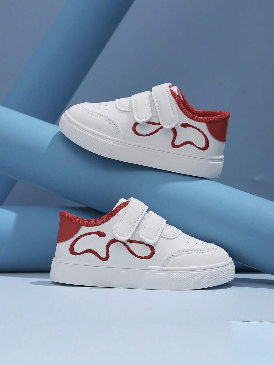 1 Pair Non-Slip Wear-Resistant Breathable Flat Hook And Loop White Sneakers With Distinctive Logo, Suitable For Matching With Skirts - Red and White - View 1