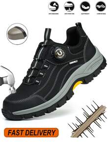 UMBURLLY Men's Safety Shoes, Anti-Smash Steel Toe, Anti-Puncture Kevlar Wear-Resistant Non-Slip Rubber Sole, Button Style, Men's Outdoor Construction Work Shoes, Workshop Industrial Safety Boots - 黑色 - 查看 2
