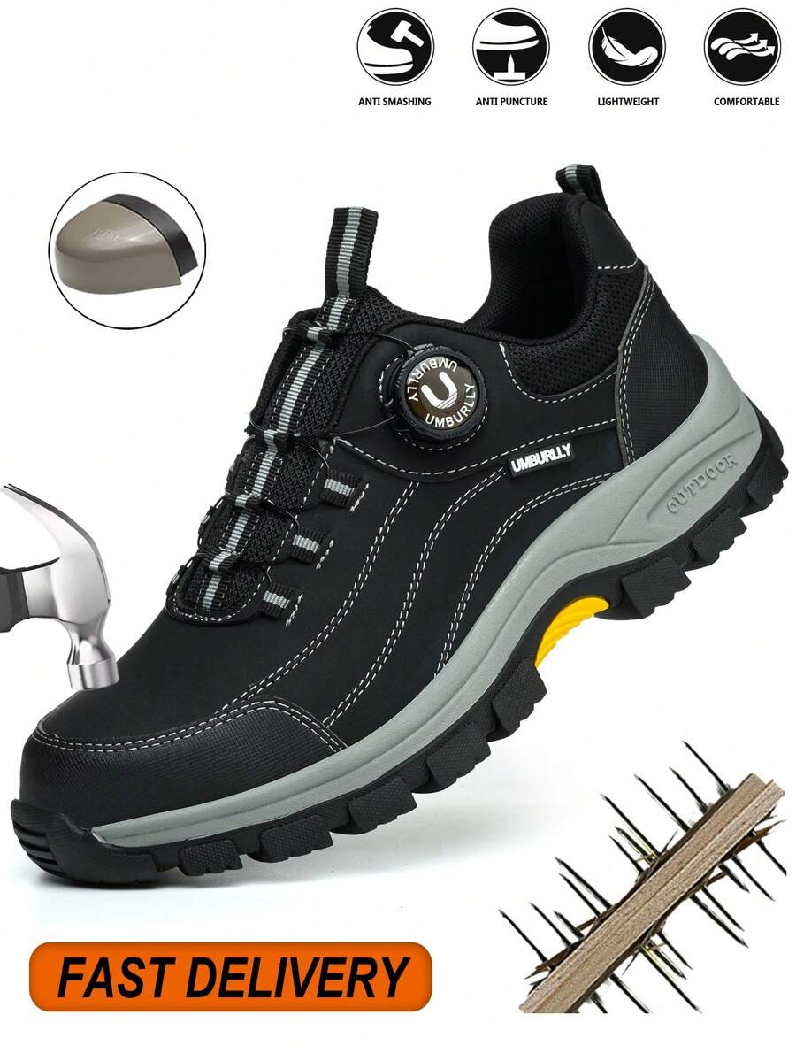 UMBURLLY Men's Safety Shoes, Anti-Smash Steel Toe, Anti-Puncture Kevlar Wear-Resistant Non-Slip Sole, Button Style, Men's Outdoor Construction Work Shoes - 黑色 - 查看 1