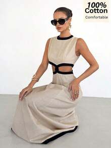 Vestido largo sin mangas de verano de 100% algodón puro con bloques de color y calado, elegancia francesa, cintura alta, efecto estilizante, vestido casual de playa, estilo europeo y americano, diseño de falda ancha y abertura, ropa de vacaciones elegante y versátil.Vestido elegante para mujer, último diseño, vestido de alta calidad, vestidos de mujer, vestidos de lujo - Albaricoque - Ver 3