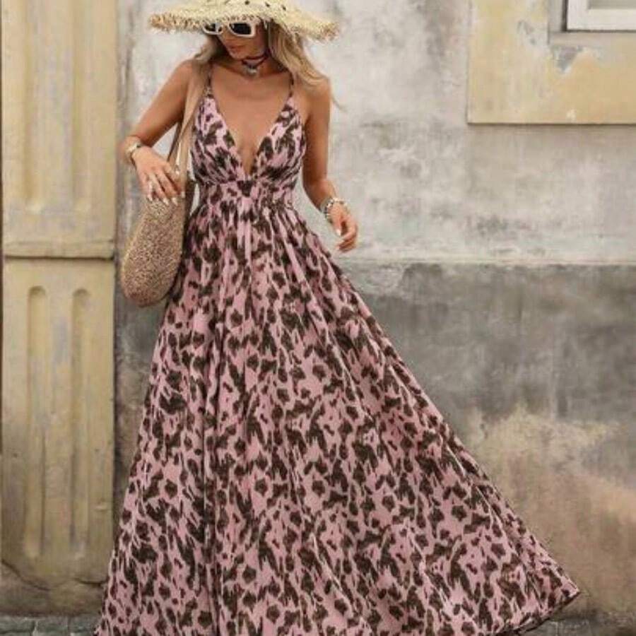 Vestido sin mangas de cuello en V con estampado total para vacaciones de verano de mujer - Rosa - Ver 1