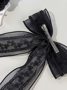 1pc Gothic Cross Decor Accessory, Long Ribbon Mesh Bow Hair Clip, Metal Alligator Clip, For Women,Hair Claws,Bobby Pin - Black - View 3