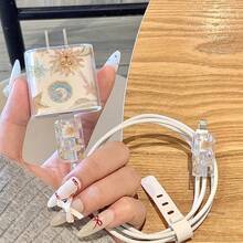 5合1套組：羽毛貝殼與星球圖案手機殼 + 充電頭保護套 + 線材保護套 + 收納繩，TPU防震保護殼，相容 iPhone 6/7/8/X/XS/XR/11/12/13/14/15/16 Pro Max，適合作為情侶、女友、女兒、青少年的生日或聖誕禮物 - 彩色 - 查看 3