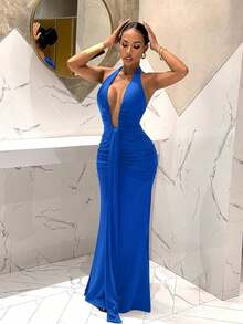 2026 Nuevo Vestido de sirena de cuello en V profundo elegante, adecuado para fiesta, cumpleaños, bar, discoteca, San Valentín, Halloween, Navidad - Marrón - azul real - Ver 6