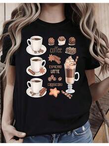 1 pieza de  playera para hombre y mujer, 100% algodón puro, cuello redondo casual con estampado, manga corta transpirable para uso diario, con dise?o de café y café expresso - Negro - Ver 1
