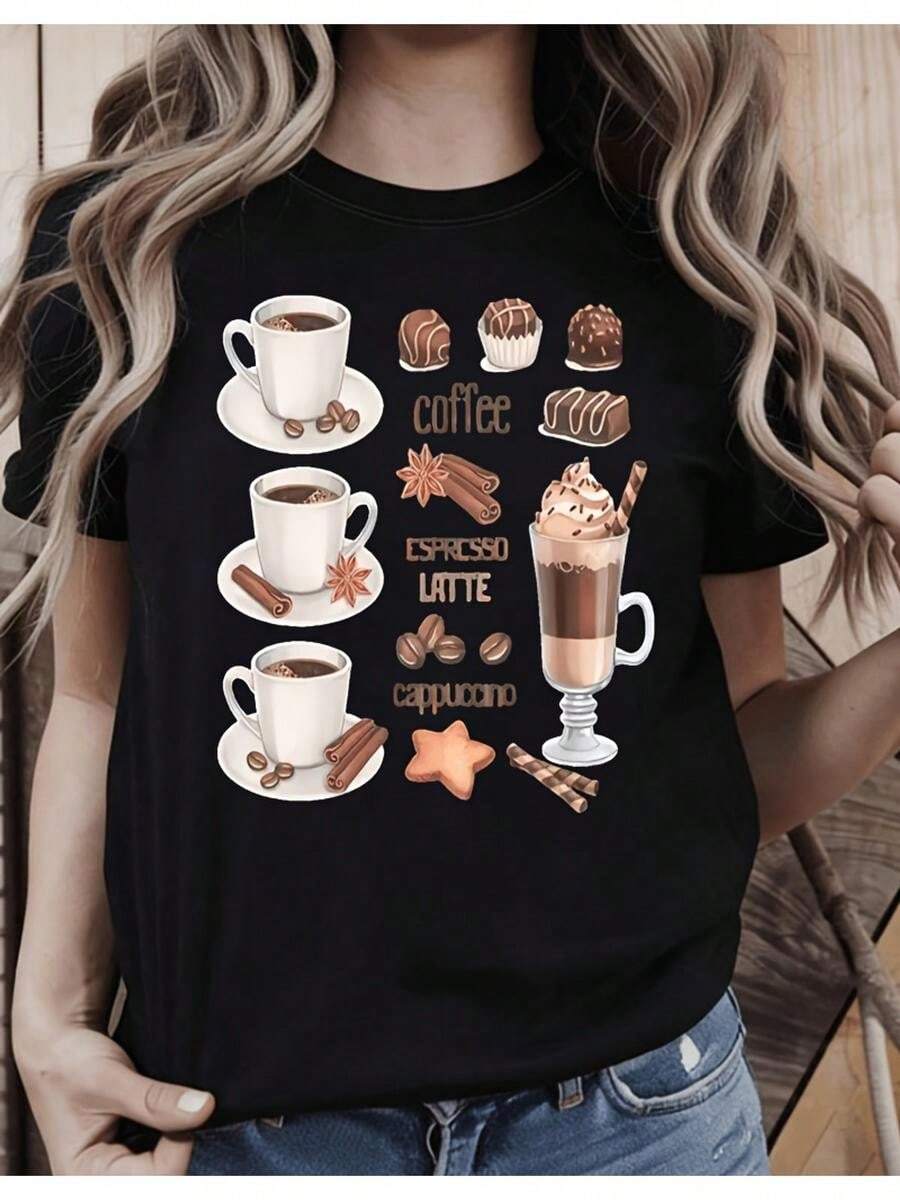 1 pieza de playera para hombre y mujer, 100% algodón puro, cuello redondo casual con estampado, manga corta transpirable para uso diario, con dise?o de café y café expresso - Negro - Ver 1