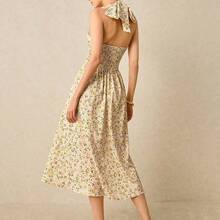 Vestido maxi con estampado floral romántico, escote halter y cintura fruncida, adecuado para vacaciones, bodas, fiestas de verano. Vestido de mujer con estampado floral pequeño, escote halter y cintura fruncida, ideal para verano, playa, primavera, Pascua, eventos. - Multicolor - Ver 8
