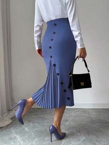 Falda lápiz plisada elegante y ajustada para mujer - Niebla azul - Ver 3