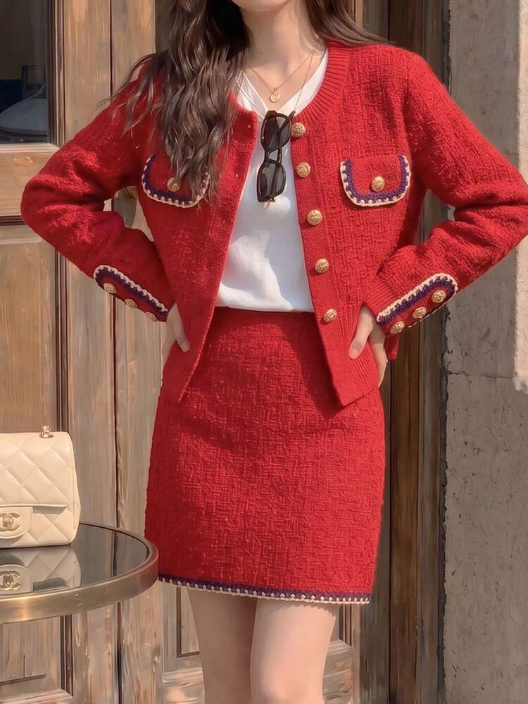 Bộ 2 món gồm áo khoác cardigan màu đỏ thanh lịch và chân váy dệt kim. - Đỏ - Xem 10