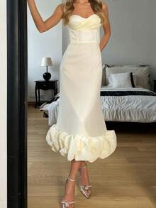Vestido tirantes liso ajustado elegante vestido de fiesta estilo europeo para mujer - Blanco - Ver 3