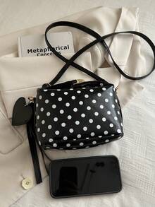 1 Piece Small Polka Dot Print Box Bag, Adjustable PU Zipper Crossbody Bag, Heart-Shaped Tassel Decoration, Fashionable Handbag For Daily Use, Date - 杏色 - 查看 2