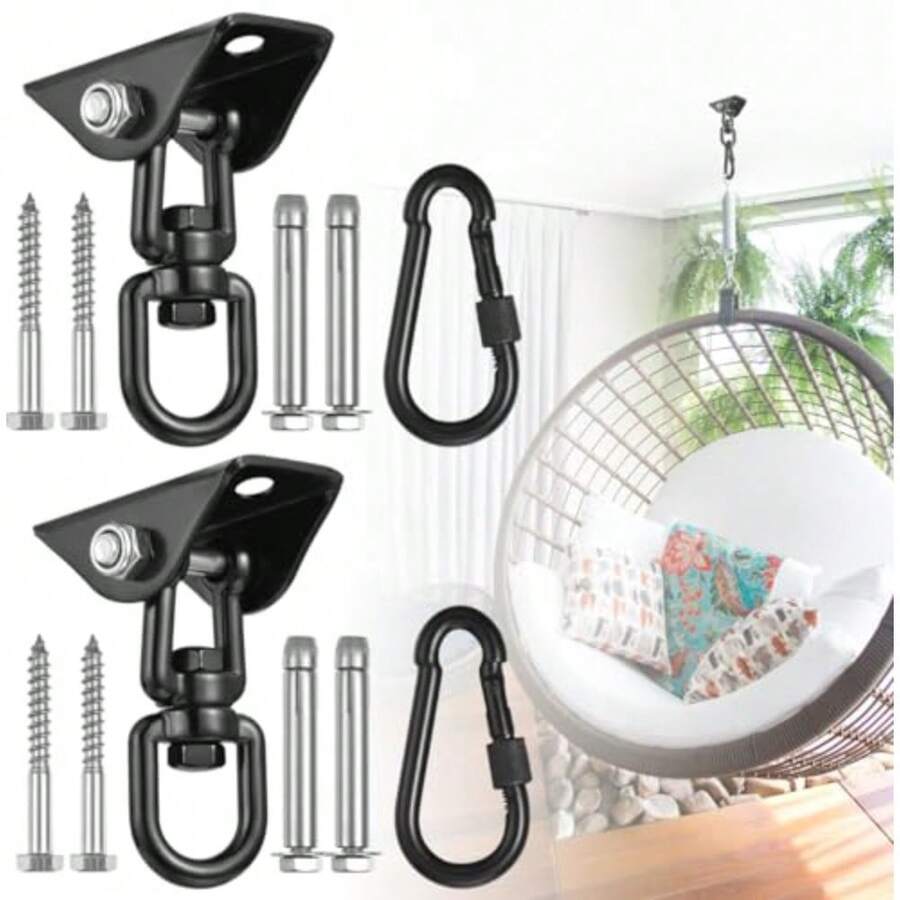 Hammock Hanging Kit, 2 Pack Hanging Chair Hardware 360°Rotating Heavy Duty, Hammock Chair Hanging Kit And Swing Ceiling Hook Snap For Hammock Chair Stand, Seat, Yoga, Gym, 1200 Lb Capacity - Black - View 1