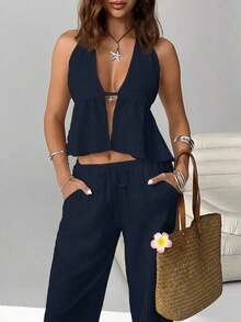 2 piezas Conjunto casual de vacaciones para mujer con top halter sin espalda y pantalones en color caqui tejido - Azul marino - Ver 3