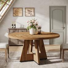 Round Dining Table Suitable For 4 People - 119.38 Cm Retro Base & Engineered Wood Tabletop, Multi-Functional Kitchen Table For Dining Room, Conference Desk, Office Desk, Space-Saving For Small Homes, Assembly - Grey - View 2