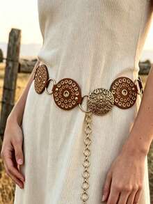 APLCSEY 1pc Women's Western Cowboy Wide Disc Waist Chain, Vintage Bohemian Blue Style, Hollow Patchwork Metal Waist Chain With Buckle, Suitable For Jeans, Dresses And Skirts, Women's Beach Fashion Accessory, Exquisite Women's Gold Jewelry, Women's Gift - Brown - View 1