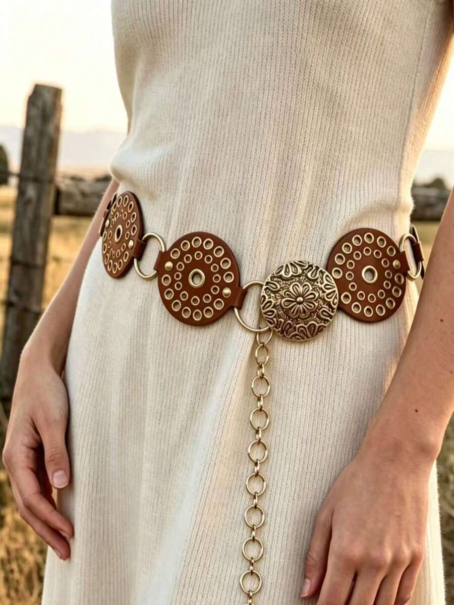 APLCSEY 1pc Women's Western Cowboy Wide Disc Waist Chain, Vintage Bohemian Blue Style, Hollow Patchwork Metal Waist Chain With Buckle, Suitable For Jeans, Dresses And Skirts, Women's Beach Fashion Accessory, Exquisite Women's Gold Jewelry, Women's Gift - Brown - View 1