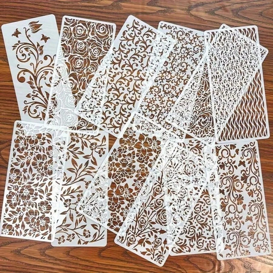 12 piezas Plantilla de dibujo con patrón floral hueco, molde de textura de voluta de rosa para estampado, decoración de pared de tela para el hogar, plantillas de plástico reutilizables - Conjuntos - Ver 1