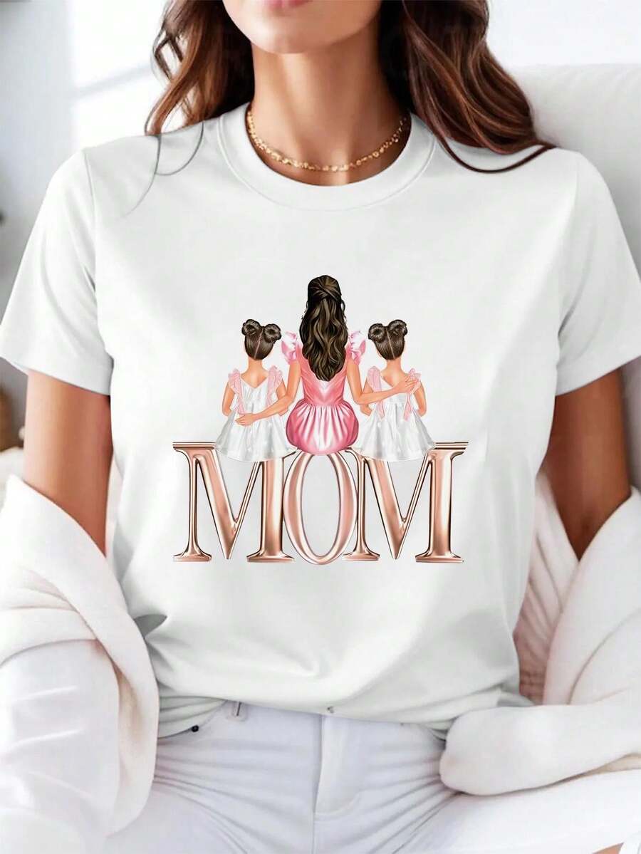 Women's Plus Size Printed Short Sleeve T-Shirt, Special For Mother's Day - Gold Letter Print Mother And Daughter T-Shirt, Casual Short Sleeve Crew Neck T-Shirt With Heartwarming Design, Soft Fabric, Perfect For Moms, Casual Wear. Heartwarming Design T-Shirt, Stylish And Printed, Women's T-Shirt, Suitable For Daily Wear, Mother's Day, Outdoor Activities, Casual And Holiday Occasions. - 白色的 - 查看 1