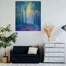 1 pieza de arte de pared en lienzo abstracto de bosque pastel - Pintura moderna minimalista verde púrpura rosa, marco de madera envuelto a prueba de agua, paisaje de naturaleza sereno listo para colgar para sala de estar, dormitorio, baño, regalo de inauguración de la casa, decoración del hogar con tonos suaves y apagados - Enmarcado - Ver 5