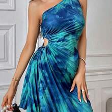 guang zhou mi qian shang mao  Vestido sin mangas con cuello asimétrico plisado, estampado de teñido anudado para mujeres - Multicolor - Ver 4