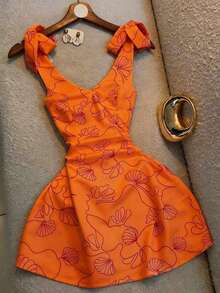 Nuevo vestido elegante con estampado, cuello en V y cintura con lazo - Azul - Ver 5