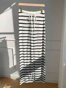 Pantalones casuales de punto con estampado de rayas blancas y negras y cintura con cordón para mujer - Blanco y Negro - Ver 6