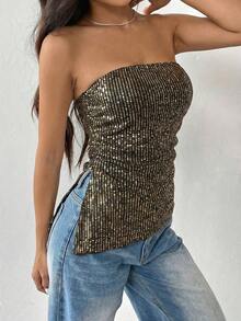 Blusa informal de color negro sólido con parte superior tubo y decoración con lentejuelas - Negro 2 - Ver 7