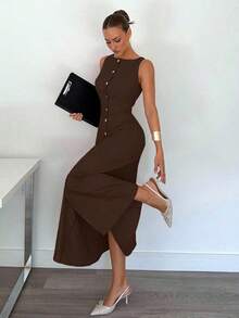 Vestido de algodón con rayas de color azul claro elegante, vestido maxi sin mangas de verano elegante para mujeres, conjunto de vestidos ajustados con botones delanteros sexy, ropa de trabajo retro y elegante, vestido largo cómodo y transpirable para vacaciones - Cafetería - Ver 1