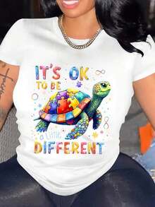 Autism Awareness T-Shirt With A Slightly Different Turtle Design, "It's OK To Be Autistic", Comfortable For Outdoor Wear, Casual Summer Top, Crew Neck T-Shirt, Men's Summer Clothing, Slightly Stretchy, 100% Cotton, Sizes S-XXXL-1, Women's Shirts, Women's Blouses, Pretty Blouses For Women. - 白色 - 查看 1
