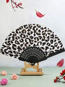 1 pieza Nuevo abanico plegable de seda con estampado de leopardo y mango negro - Multicolor - Ver 4