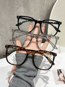 3pcs/1pc Women's Leopard Print Bohemian Style TR Material Square Oversized Transparent Glasses, Suitable For All Seasons - Transparent - View 2