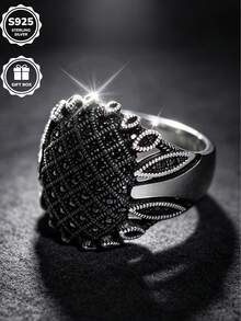1pc S925 Sterling Silver Ring With Black Synthetic Cubic Zirconia, Perfect For Daily Wear And Anniversary Gift, Comes With Gift Box - Silver - View 3