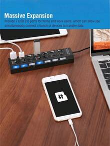 1 buah Adaptor Hub USB 2.0 4 Port/7 Port, Pengisi Daya USB dengan Indikator LED, Saklar Hidup/Mati Independen, Dock Ekspansi USB, Adaptor Daya, Stasiun Pengisian USB 5V 1A untuk Komputer, Tablet, Laptop - Hitam - View 10