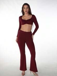 Conjunto de 2 piezas de top corto con cuello redondo y pantalones para mujer, elegante para primavera - Burdeos - Ver 2