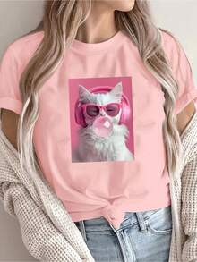 Camiseta de verano bonita para mujer con estampado de gato: un gato con auriculares rosas y gafas de moda, soplando burbujas, con estampado de letras, camiseta de cuello redondo - Rosa Pálido - Ver 1