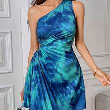 guang zhou mi qian shang mao  Vestido sin mangas con cuello asimétrico plisado, estampado de teñido anudado para mujeres - Multicolor - Ver 6