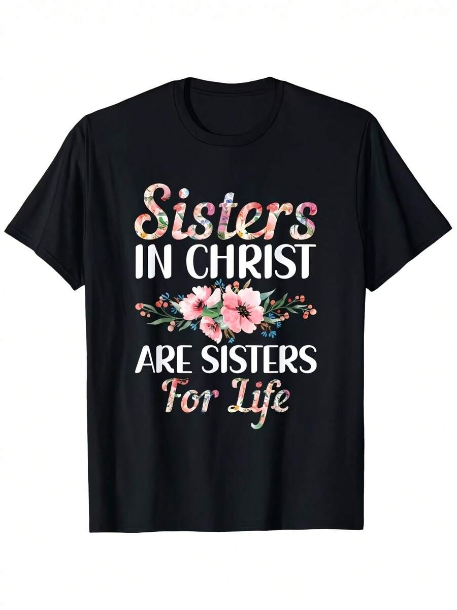Camiseta de hombre con diseño de la Biblia cristiana "Hermanas en Cristo" - Camiseta de fe religiosa con versículos bíblicos, cuello redondo ultra suave y transpirable, diseño de cruz floral y "Hermanas de por Vida", ropa informal para grupos religiosos, regalo de ropa cristiana para hombre. - Negro - Ver 1