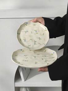 1 件 INS 风格可爱蓝色碎花陶瓷餐盘，手工捏制不对称釉面食物拼盘，家用餐具，牛排意大利面沙拉甜点水果盘，送给男朋友/女朋友的节日礼物 - 彩色 - 查看 8