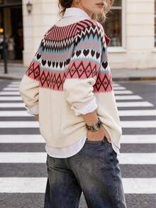 Plus Size Women Raglan Sleeve Casual Geometric Pattern Knitted Cardigan, Autumn/Winter - White - View 2