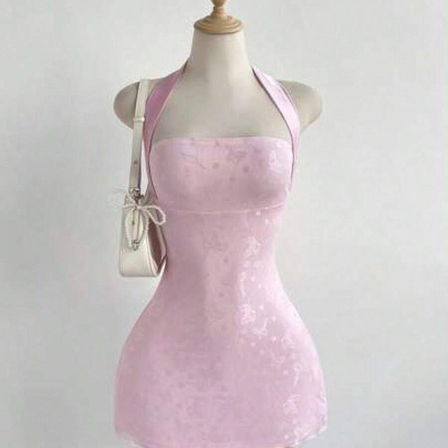 Nana's Women's Clothing Store Vestido de fiesta mini con estampado de mariposa, bloque de color, malla, diseño de lazo en la espalda, cintura ceñida y sexy - Rosa - Ver 1