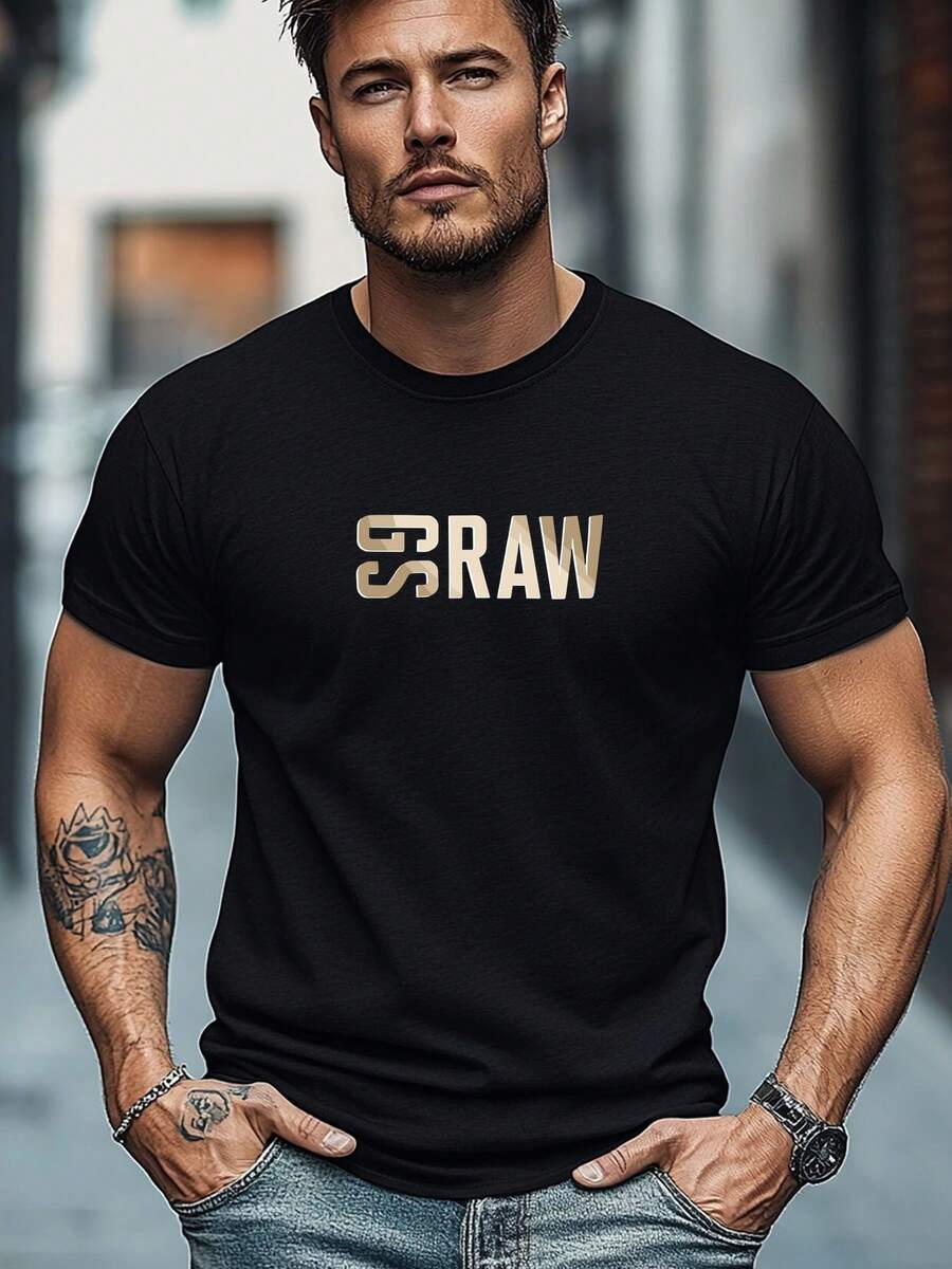 Camiseta de verano para hombre, ropa de calle, camiseta de manga corta con estampado del logotipo S RAW para hombre, para uso casual de verano. - Negro - Ver 1