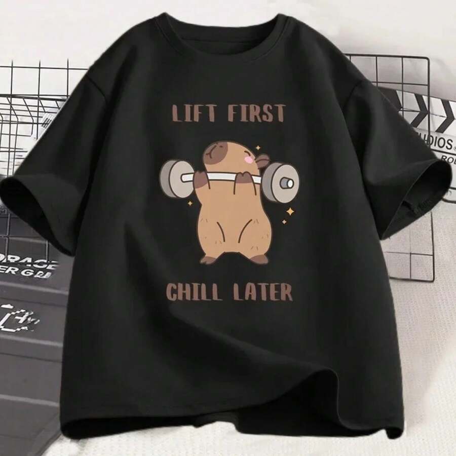 Plus Size Capybara Gym T-Shirt, Women's Sports T-Shirt, Fitness Workout T-Shirt, Soft Unisex Style T-Shirt For Women, Women's Clothing - 黑色 - 查看 1