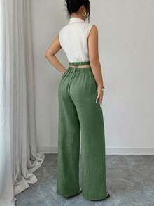 Conjunto de corto sin mangas de color contrastante y pantalones rectos elegantes de estilo de oficina para mujer, atuendo profesional de oficina, vestimenta de maestra, ropa para ir y venir y uso casual - Caqui - Ver 9