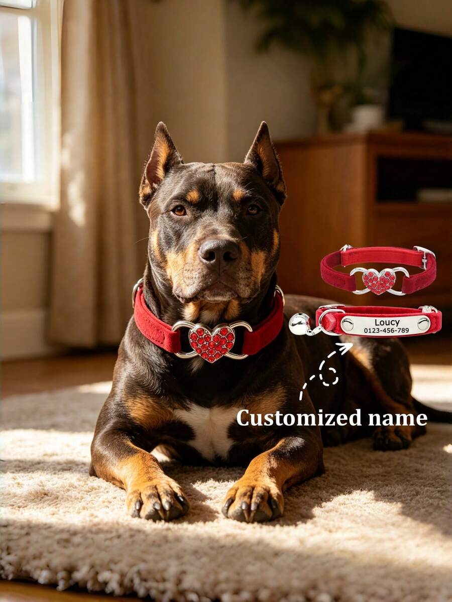 [Custom] Adjustable Elastic Diamond Heart Pattern Pet Collar - Suitable For Small Cats And Puppies - Customized With Name, Phone, Address - The Perfect Gift For Your Pet! - Multicolor - View 1