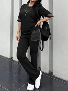 Spring Summer Autumn Plus Size Women's New Round Neck Short Sleeve T-Shirt & Casual Elastic Waist Loose Long Pants 2 Pieces Set. Elegant - Black+Gray - View 3