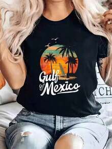Camiseta% Algodón con Estampado Vintage de Palmeras al Atardecer y Tabla de Surf, Cuello Redondo, para Verano, Top Suave de Manga Corta para Mujer, Camiseta Elegante y Cómoda para Mujer, Camisetas con Estampados. - Negro - Ver 1